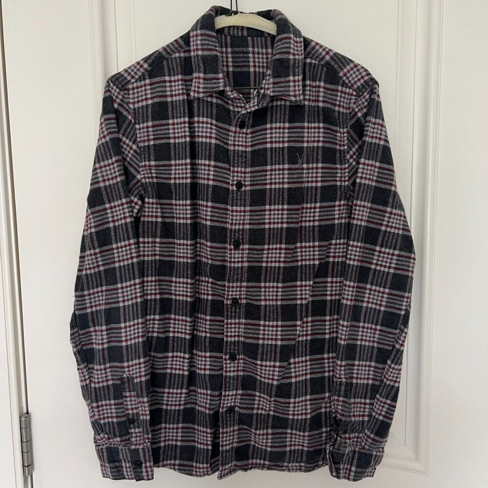 AllSaints Gray Burgundy Plaid Heavy Flannel Overshirt Shacket Button Down Size S